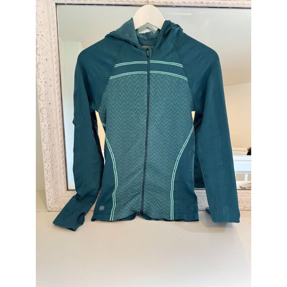 Athleta Teal Blue Zip Up Hooded Stretch Knit Workout Jacket Size Small - Picture 2 of 5